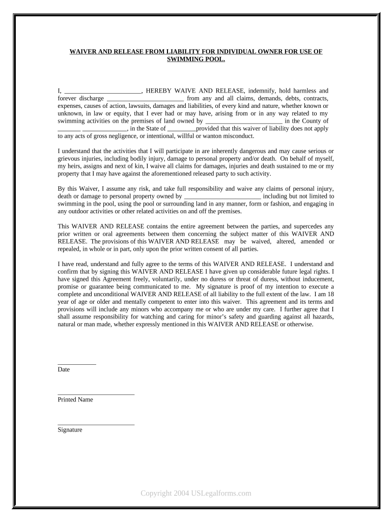 Parental Consent Form Printable Swimming Pool Waiver Template