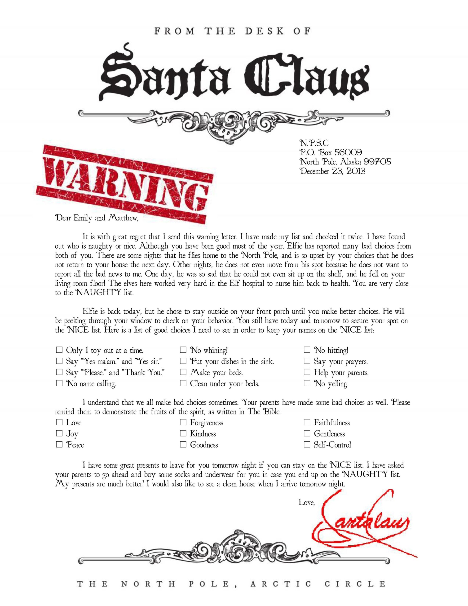 Warning Letter From Santa Naught List Santa Letter Template Santa Letter Printable Santa Template