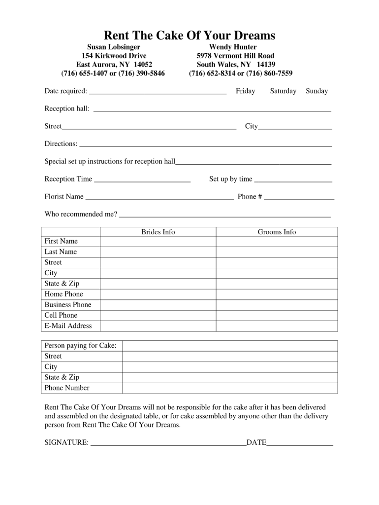 Blank Free Printable Cake Order Form Template