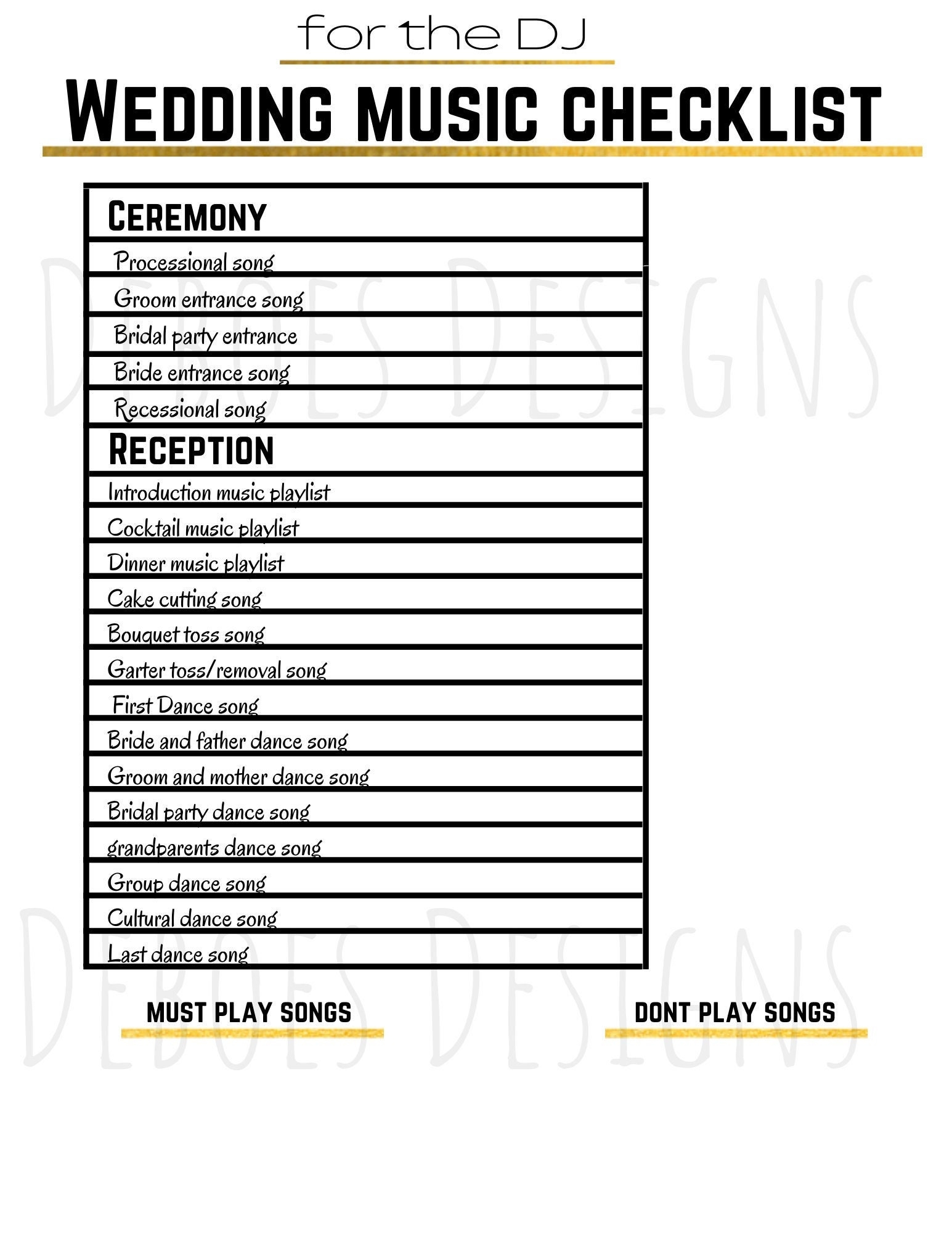 Wedding Music Playlist Checklist Wedding Printable Wedding Planner Music List Checklists Bride To Be Wedding Songs Checklists Songs Etsy