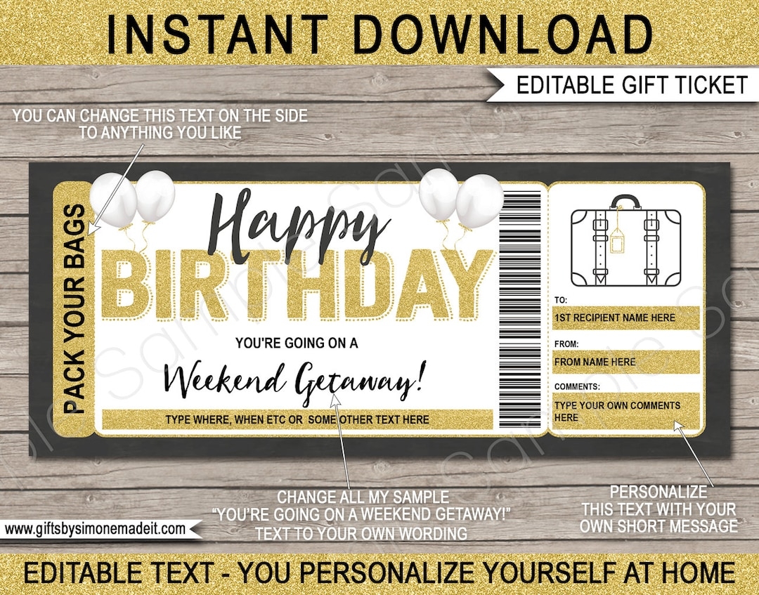Weekend Getaway Voucher Template Gift Certificate Ticket Card Printable Birthday Trip Away Pack Your Bags Hotel Stay Coupon DOWNLOAD Etsy