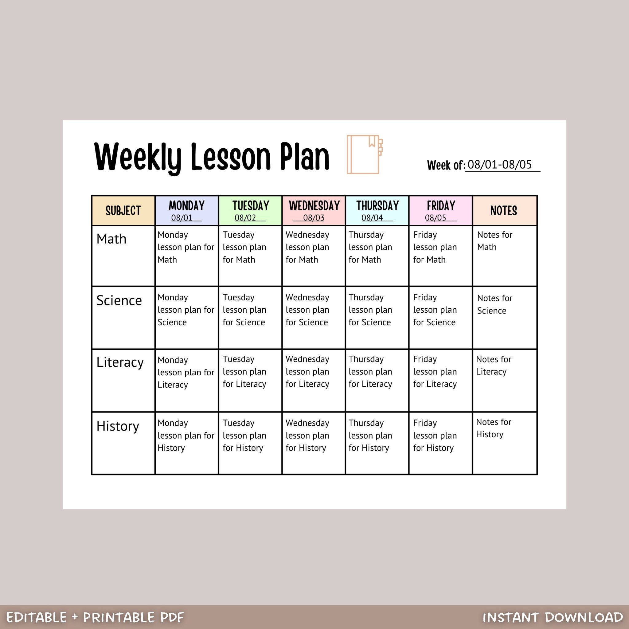 Weekly Lesson Plan Printable Editable Weekly School Schedule Simple Weekly Lesson Planner Lesson Plan Sheet Homeschool Weekly Planner Etsy