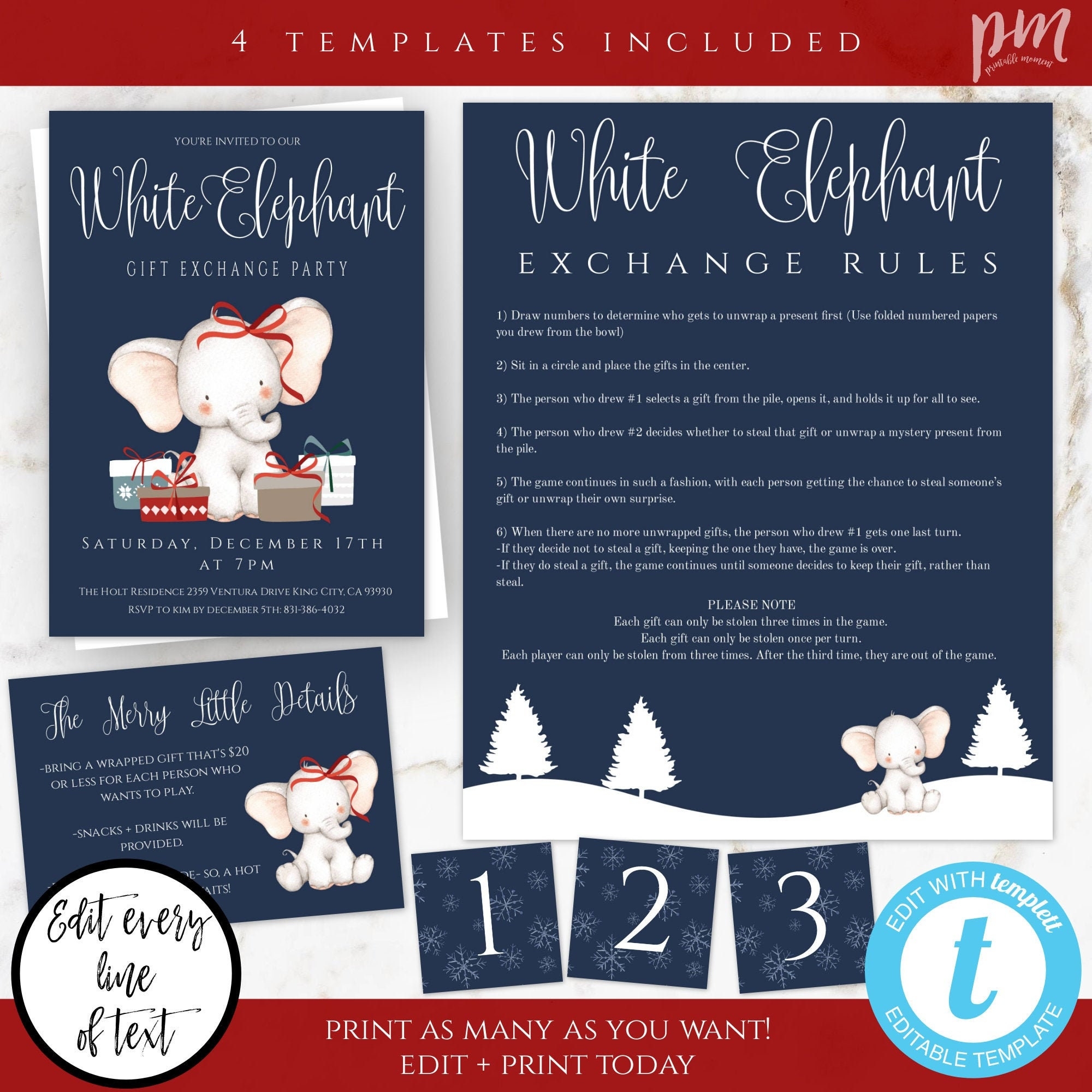 White Elephant Party Template Set Gift Exchange Party Invitation Holiday Party Template Set Christmas Party Invite Instant Download Edit Etsy