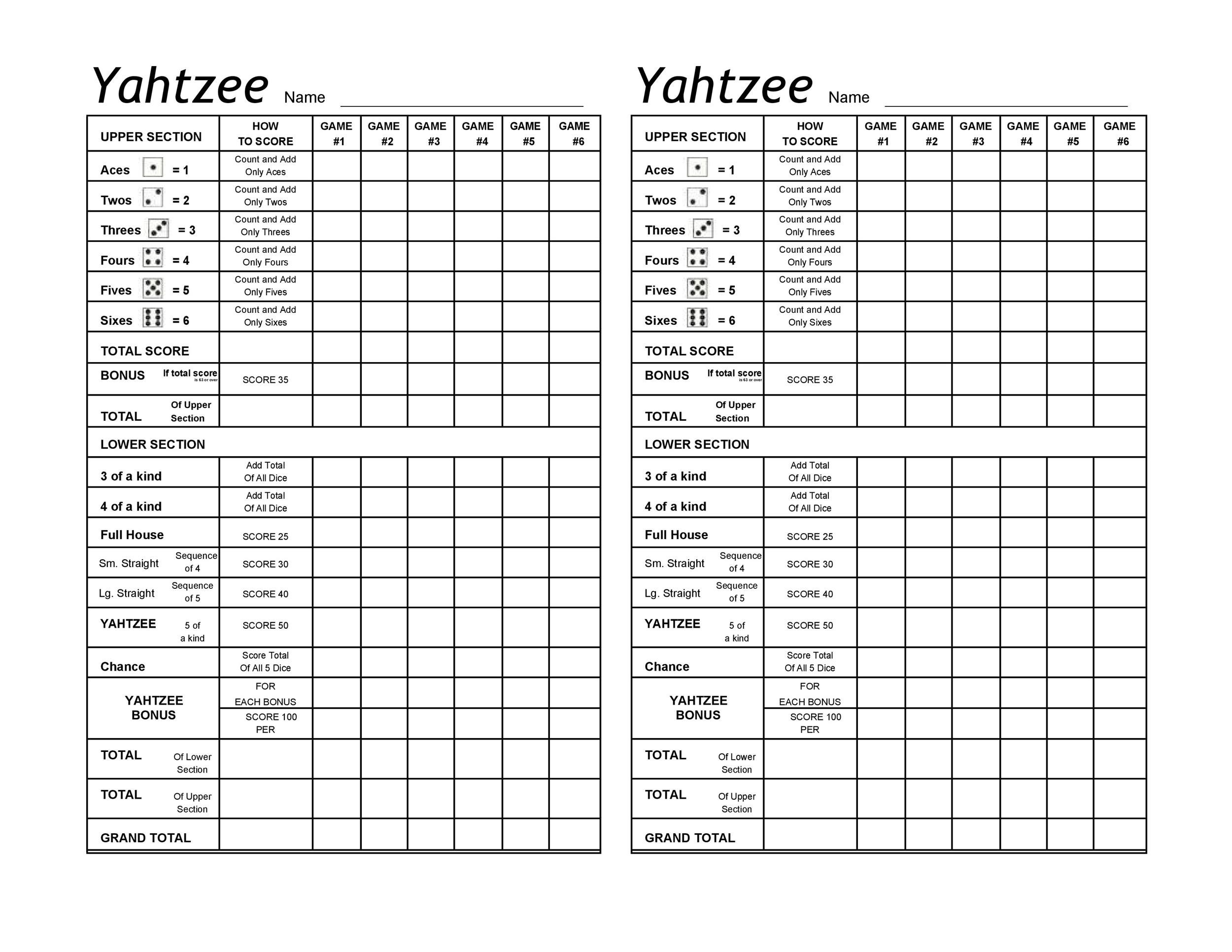 Yahtzee Score Card Free Printable
