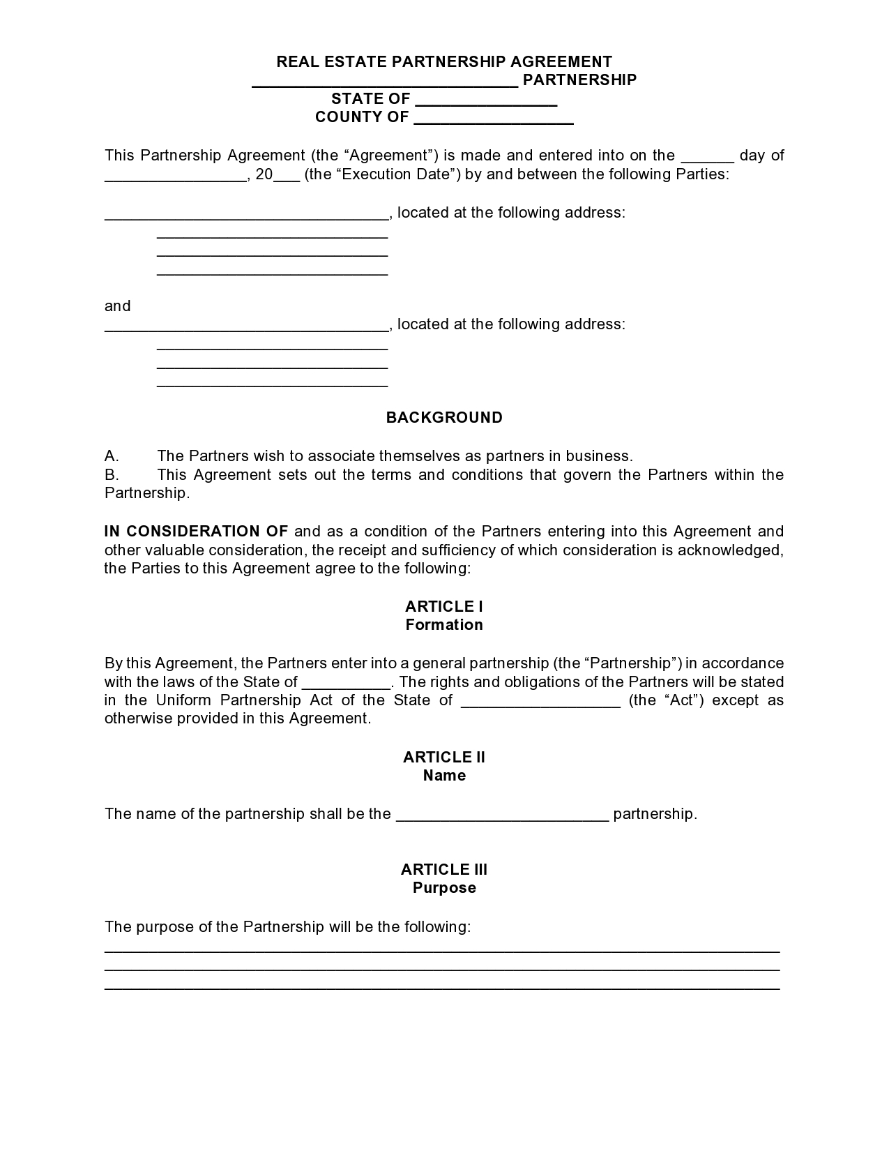 Sample Real Estate Partnership Agreement Pdf