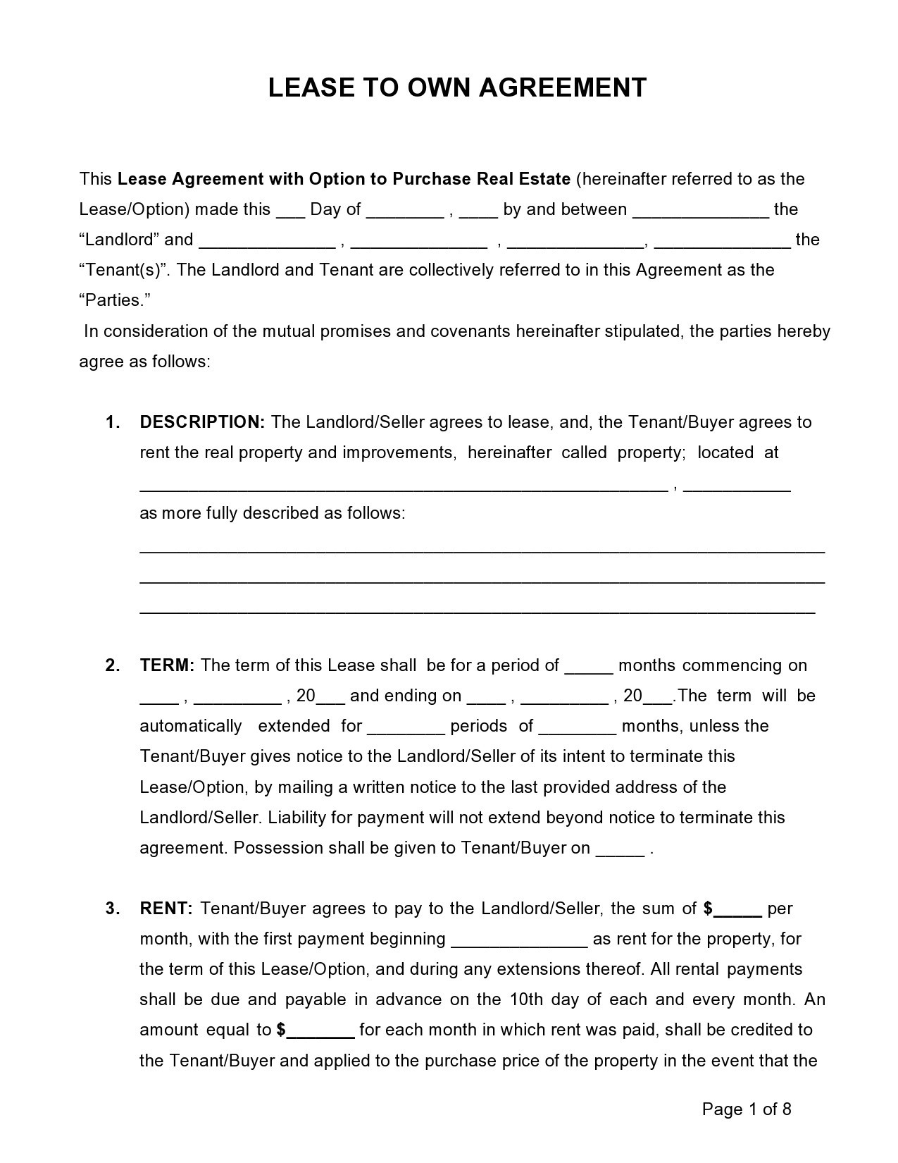 Rent To Own Home Contract Template