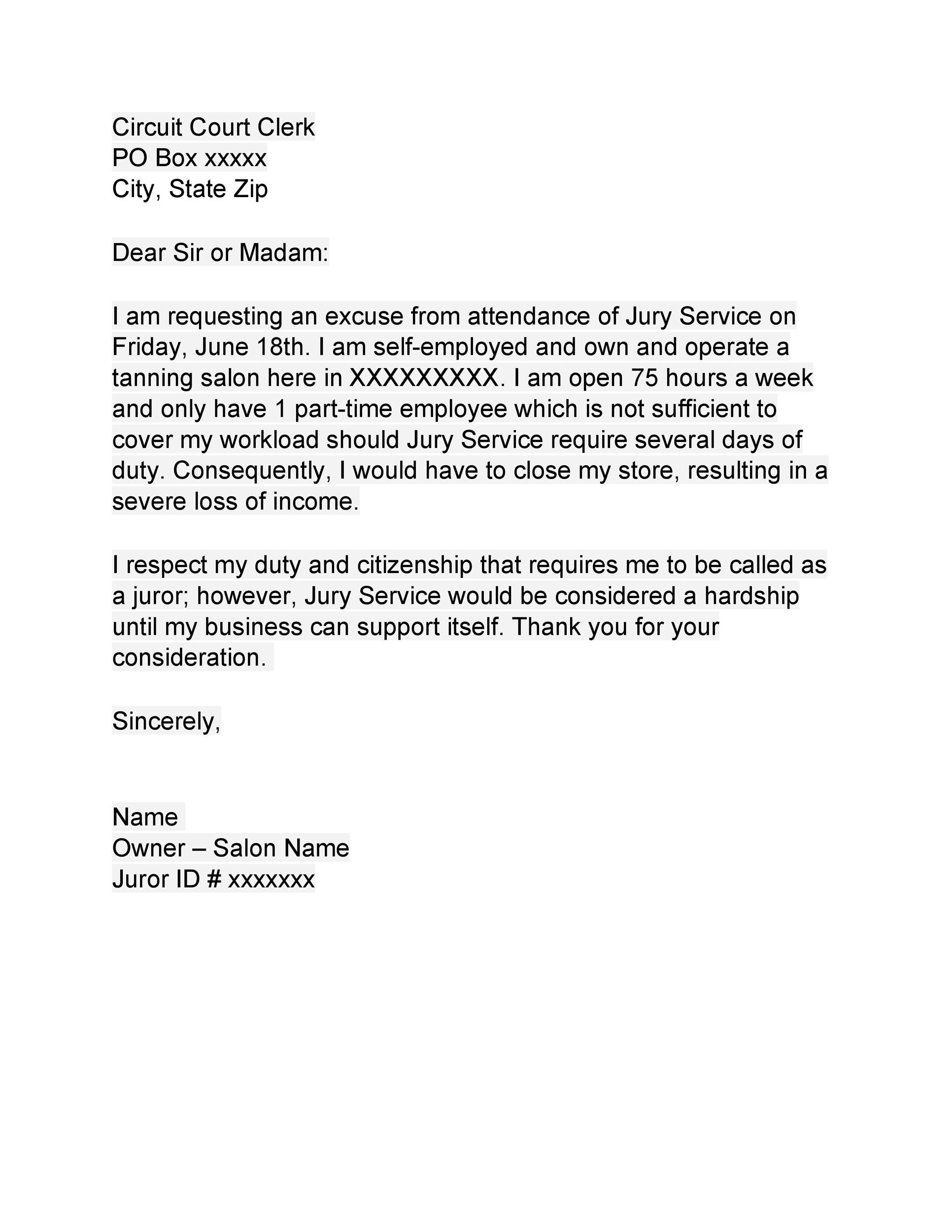 Court Excuse Letter For Work