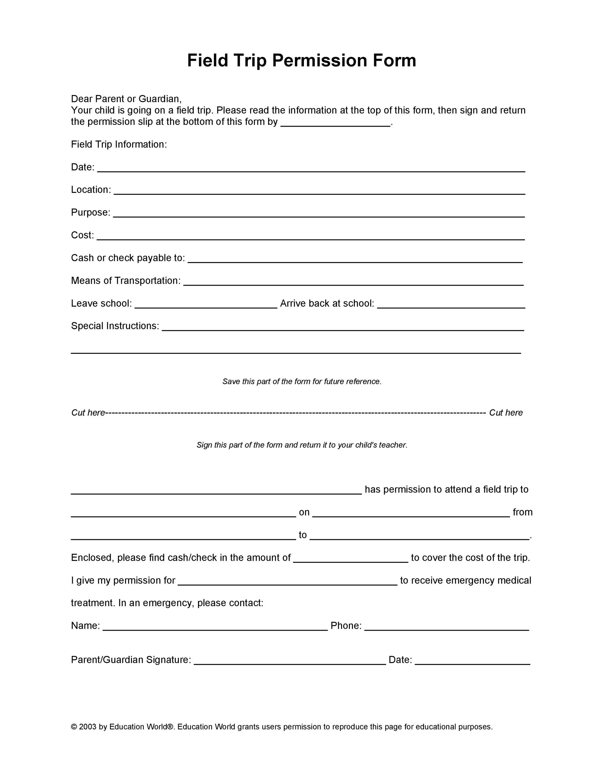 Free Field Trip Permission Slip