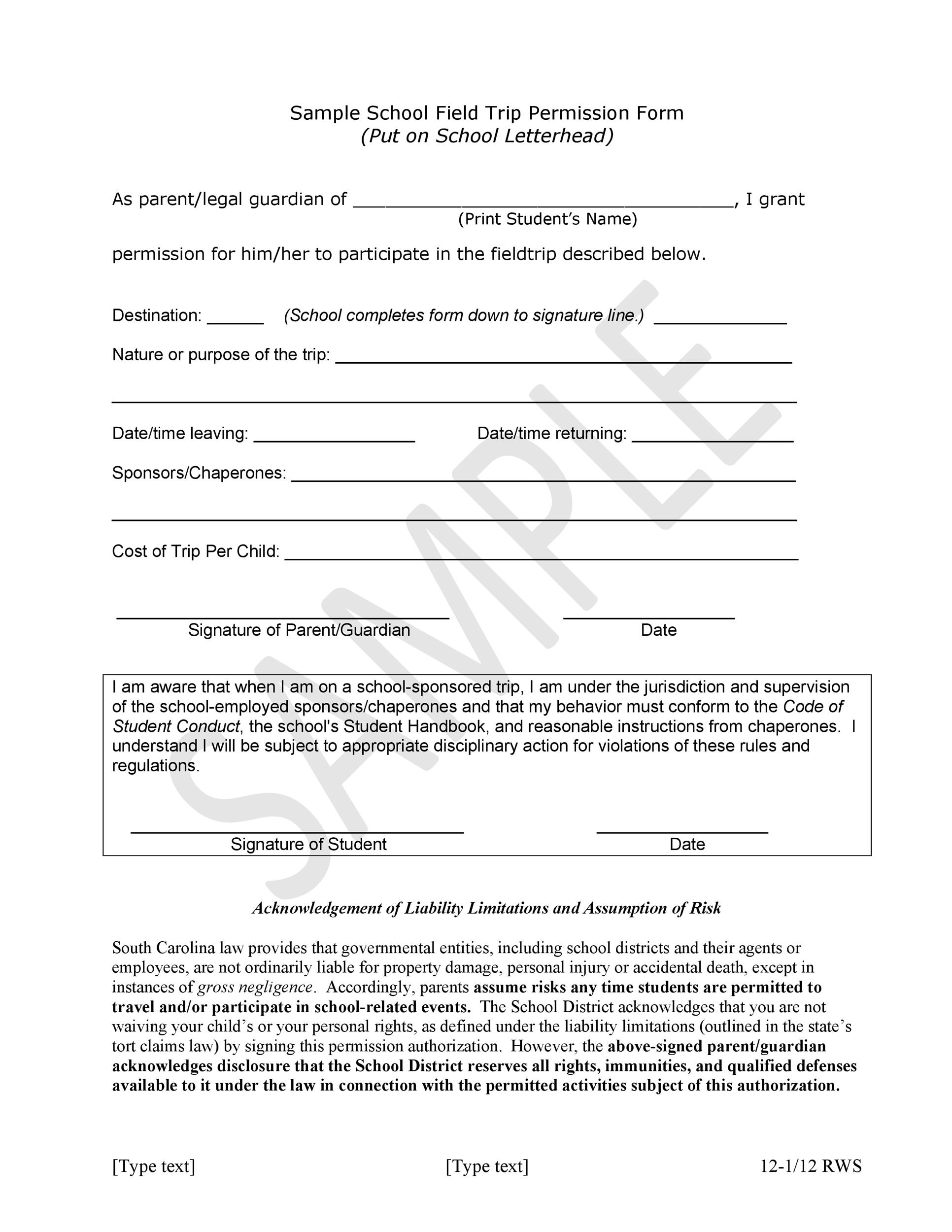 Permission Slip Examples For Field Trips