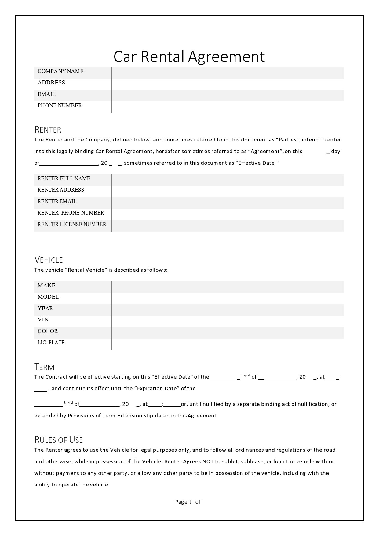 Rental Car Agreement Template Pdf