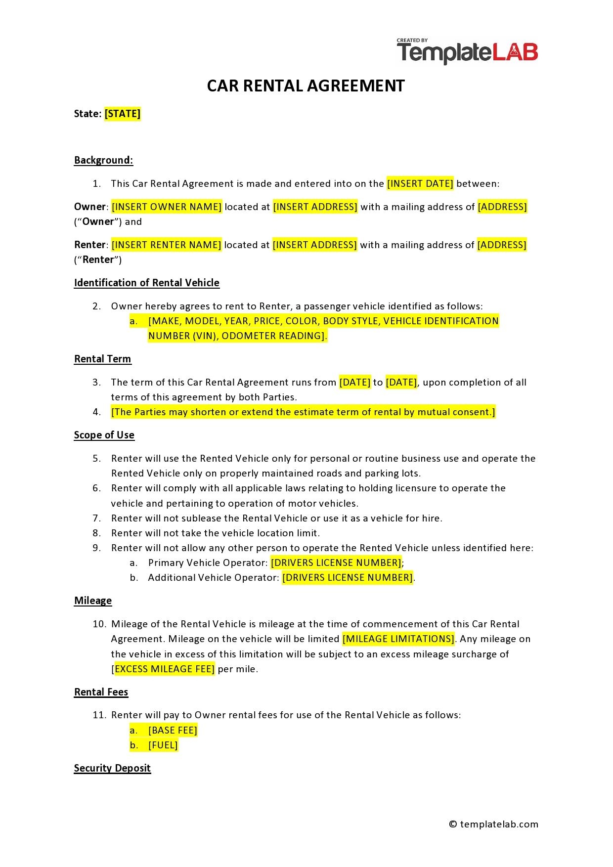 Car Rental Agreement Template Free
