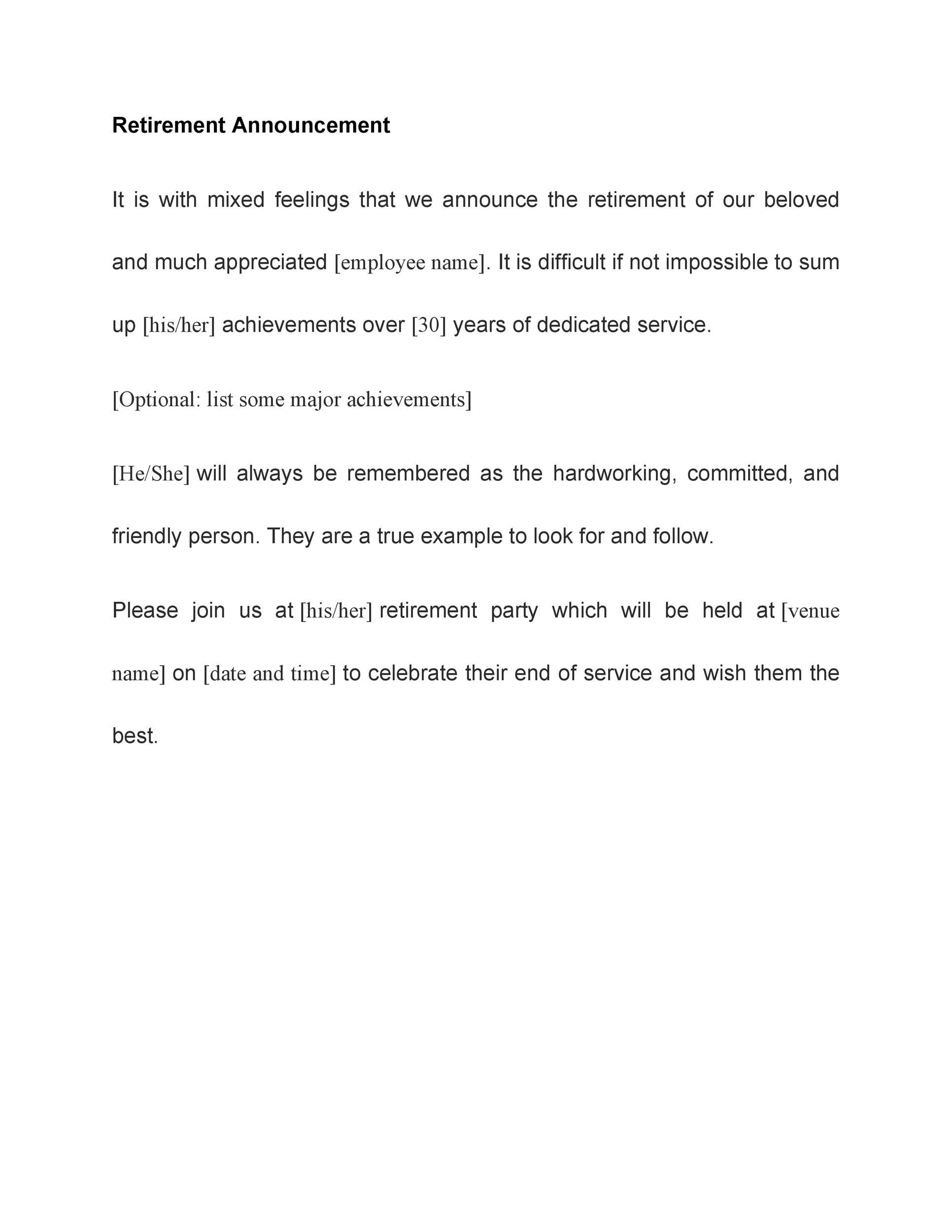38 Professional Retirement Announcement Letters Emails TemplateLab