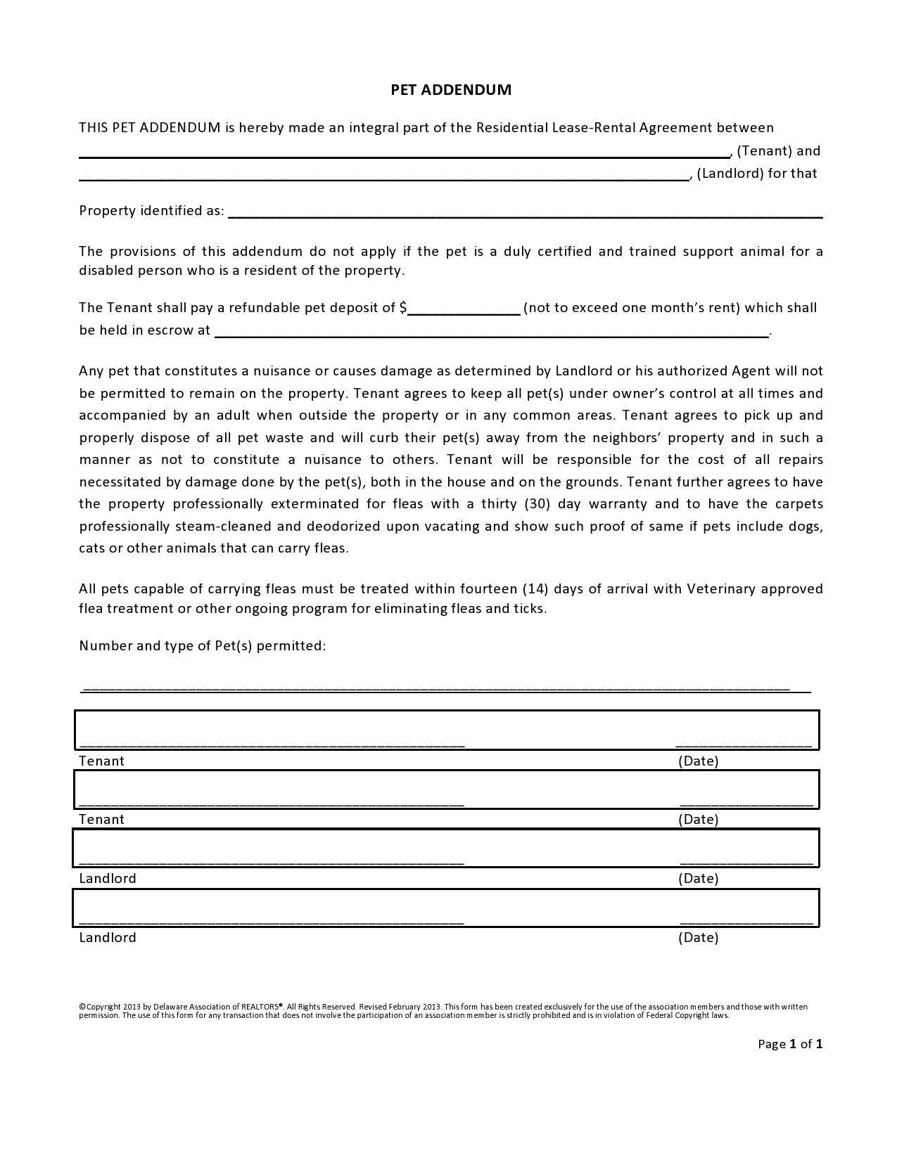 Free Pet Addendum To Rental Agreement