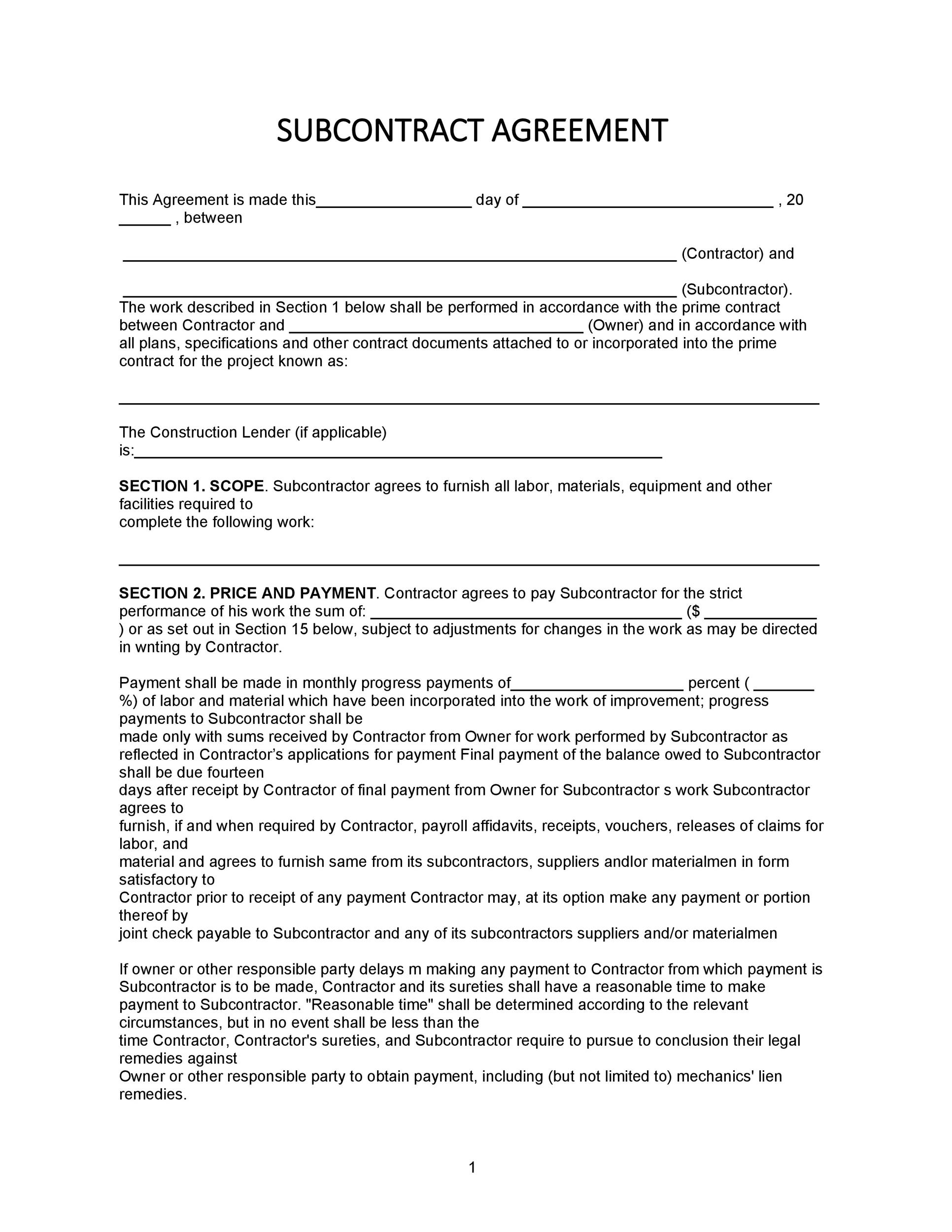 Agreement Between Contractor And Subcontractor Sample