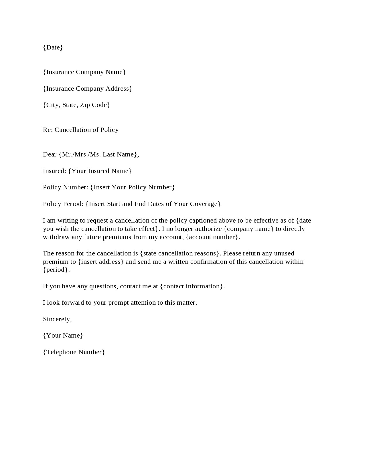 Letter Cancellation Of Insurance Policy