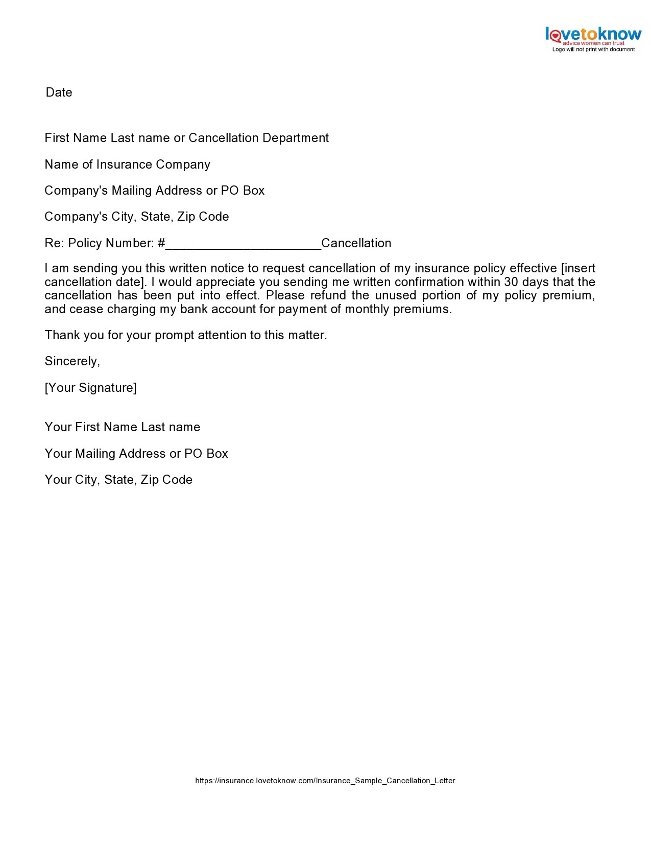 Letter To Cancel Insurance Coverage