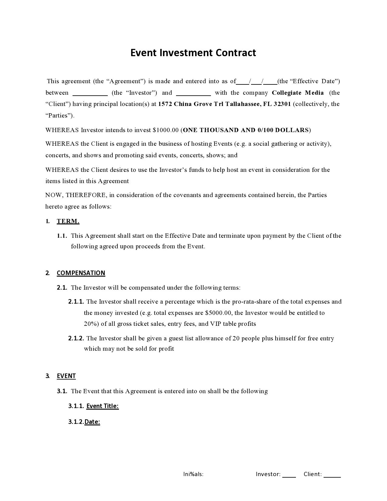 Real Estate Investment Contract Template