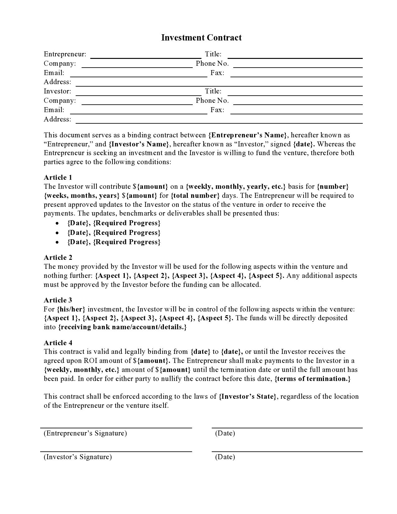 39 Professional Investment Contract Templates Free TemplateLab