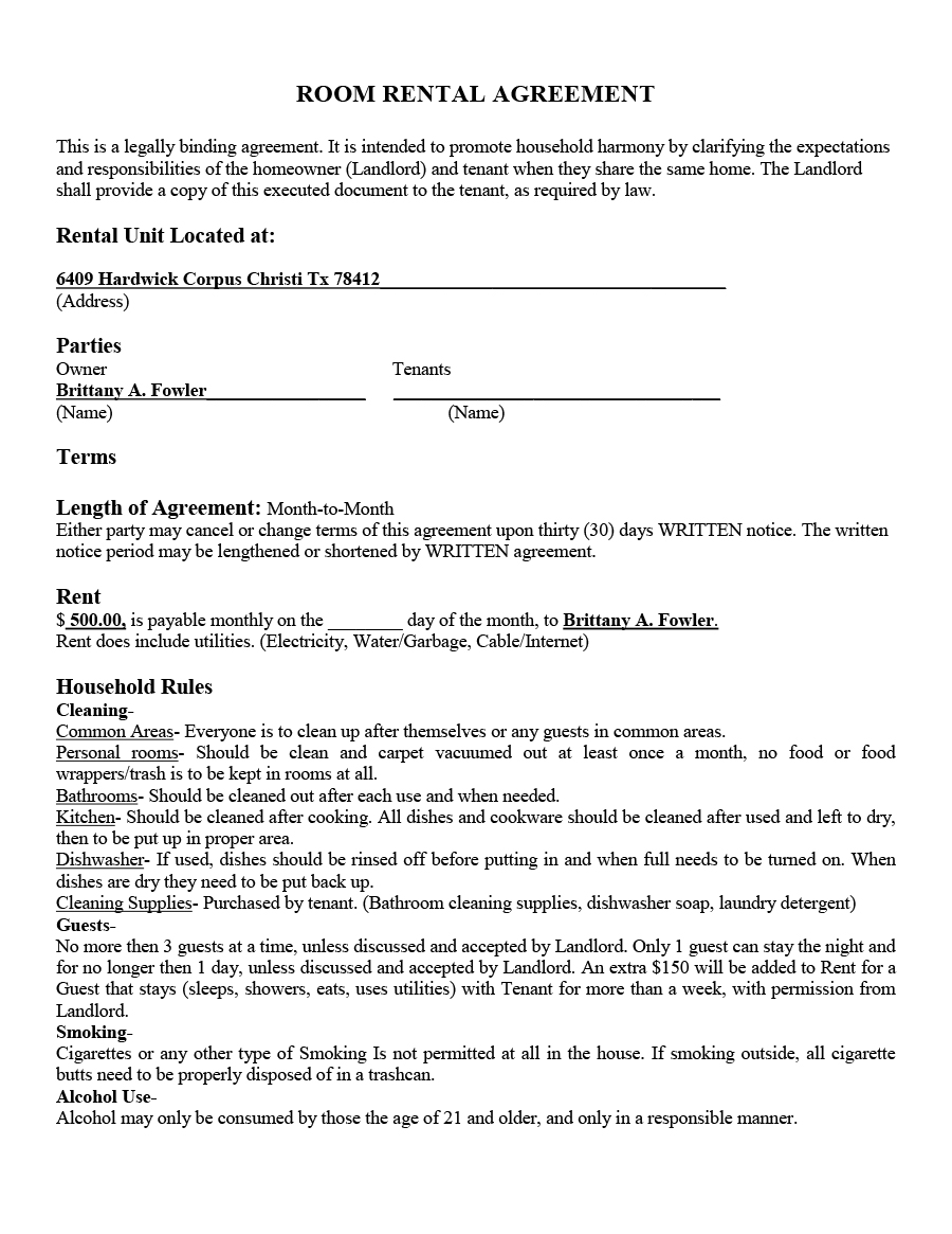 Sample Of Room Rental Agreement