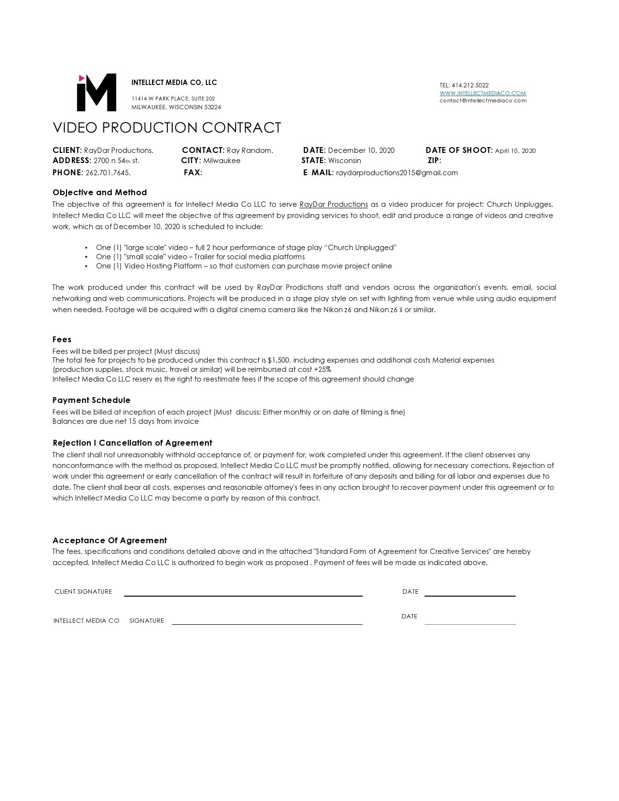 Video Production Agreement Contract Template