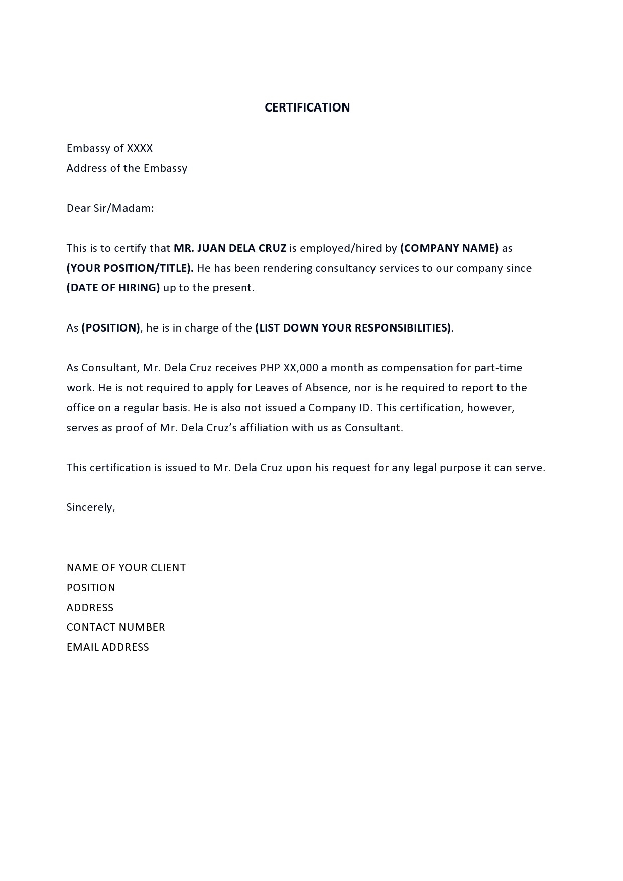 Certificate Of Employment Sample With Salary