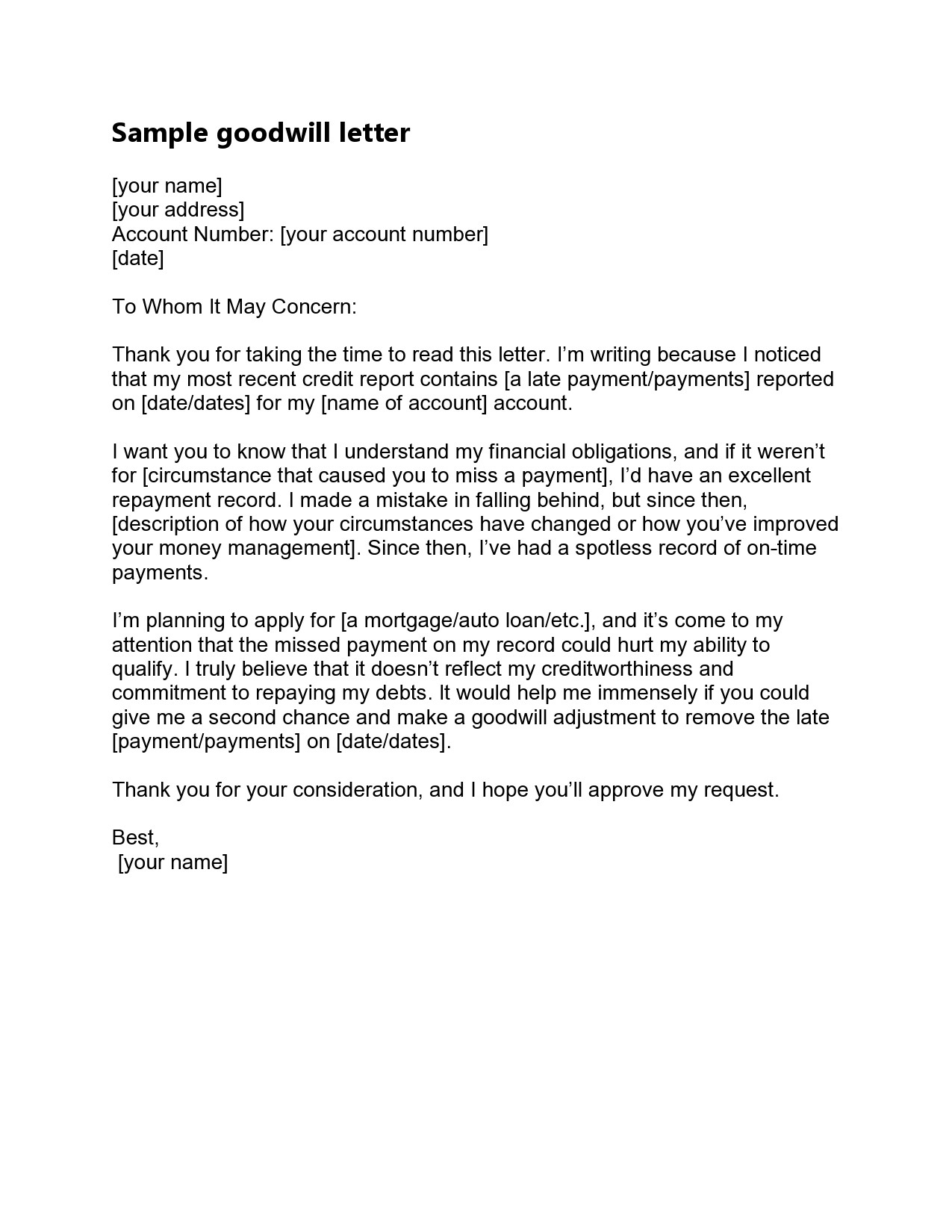 Free Goodwill Letter Template For Late Payment