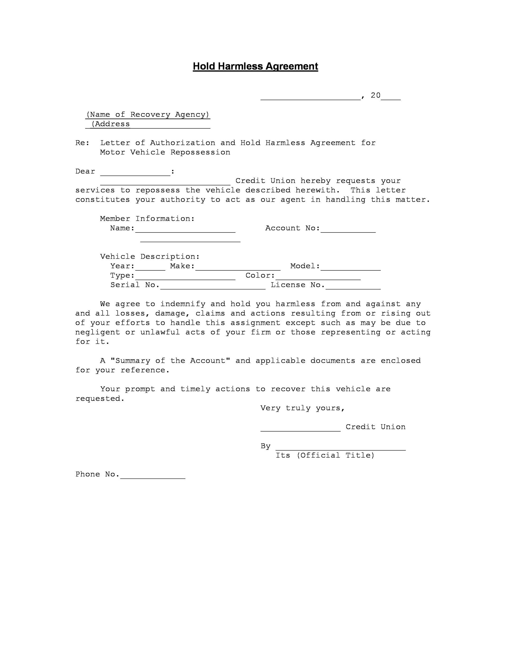 Blank Hold Harmless Agreement Pdf