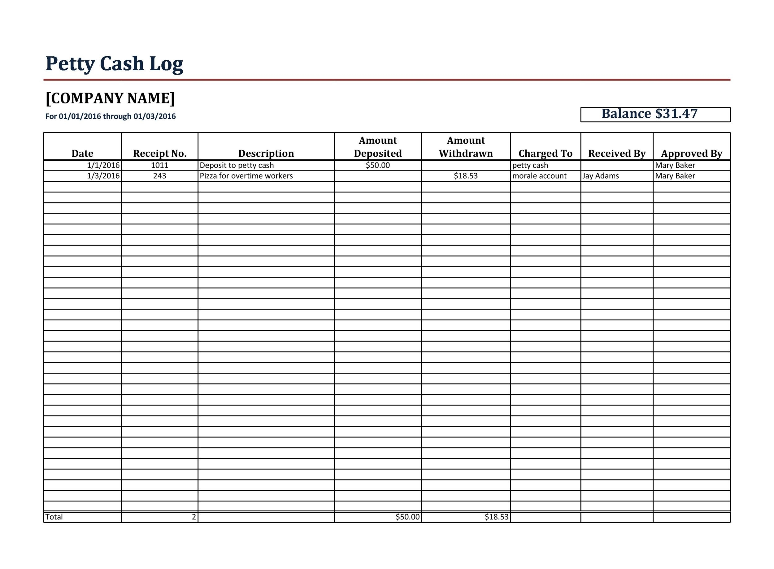 Petty Cash Format In Excel Free Download