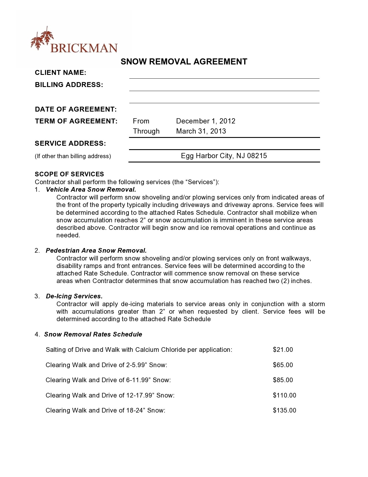 Snow Removal Contract Template Free