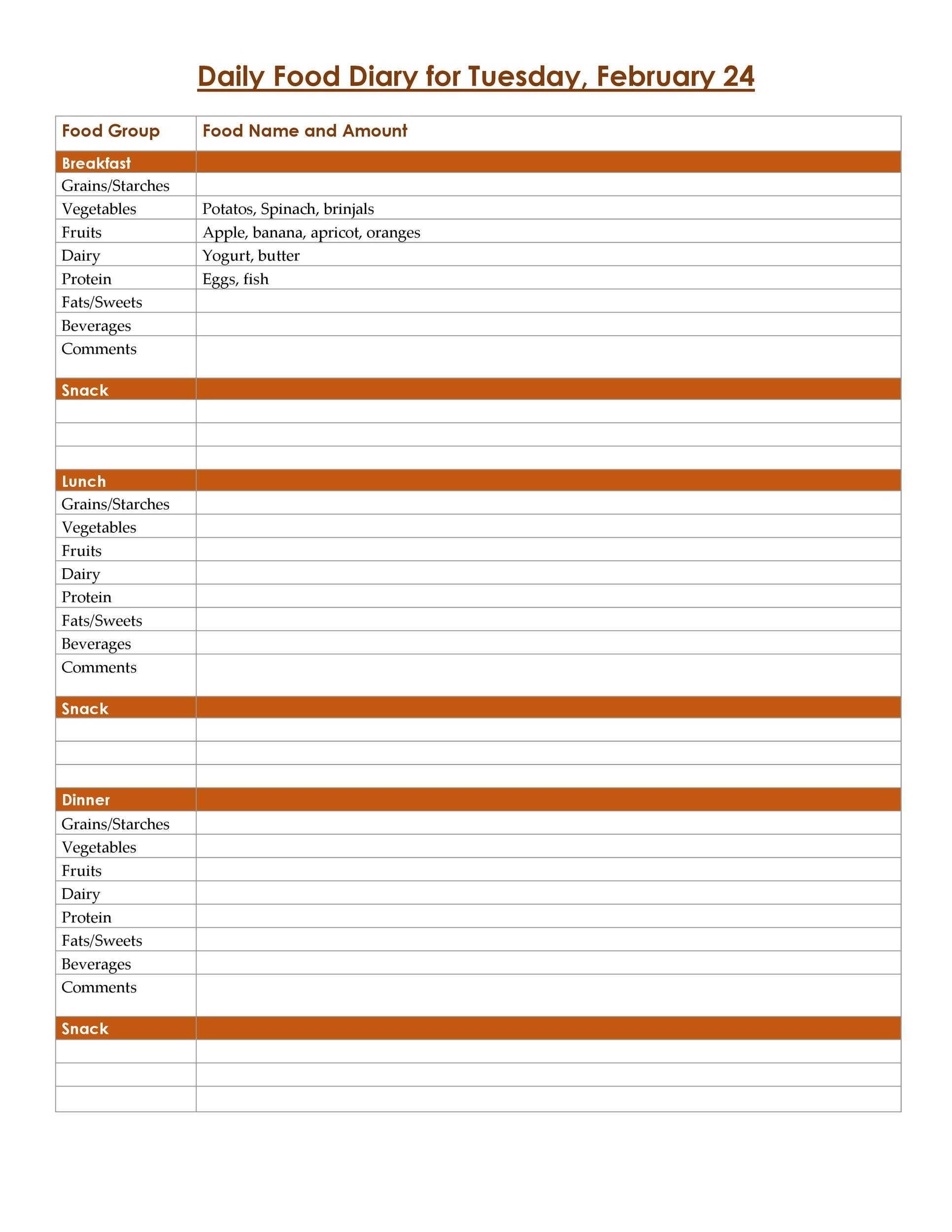 Daily Food Log Example With Answers
