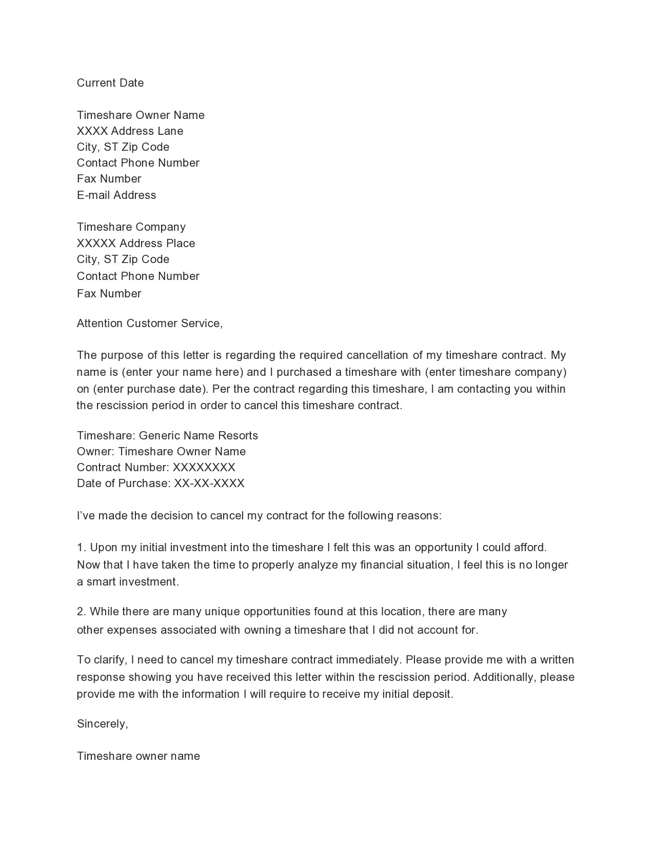 40 Timeshare Cancellation Letter Samples Templates TemplateLab