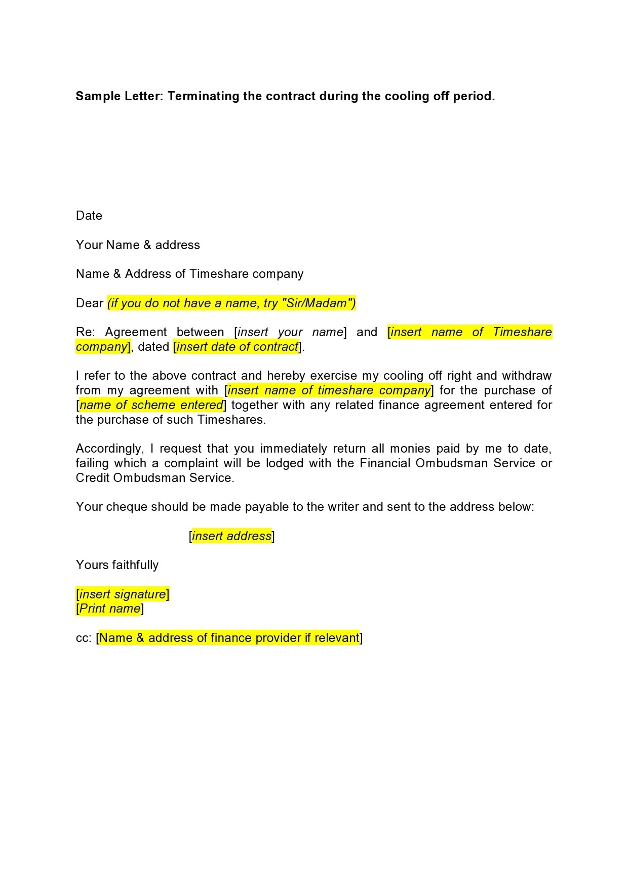Letter To Cancel Timeshare Before Rescission Period