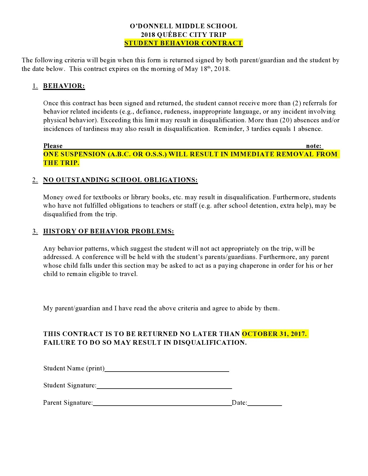 Behavior Contracts For Middle Schoolers