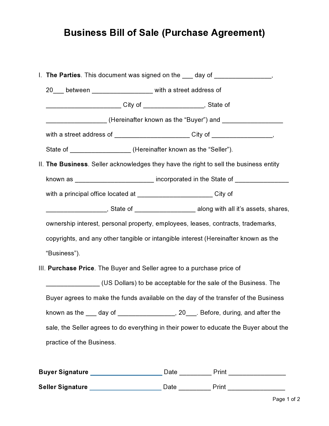 Business Purchase Agreement Template Free