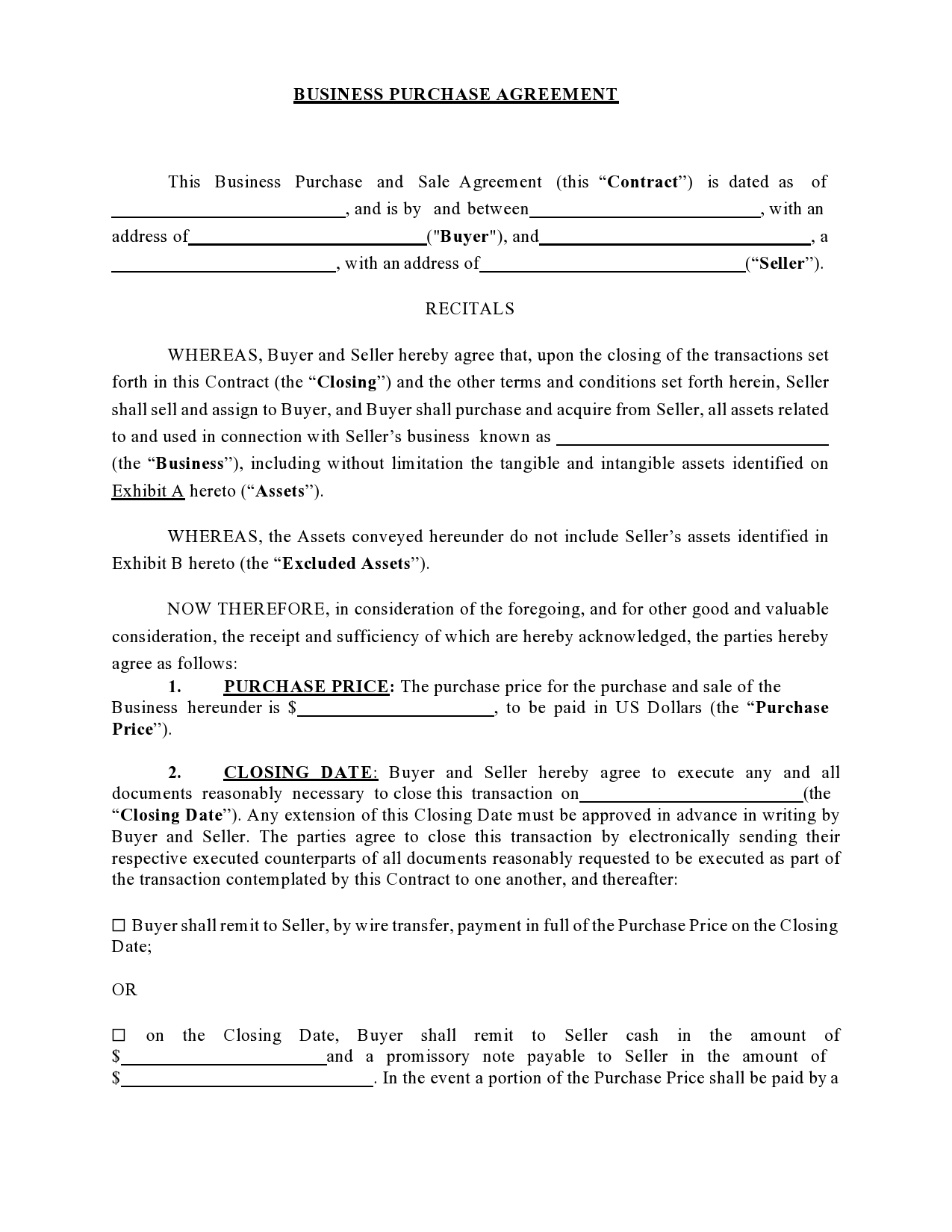 Agreement For Sale And Purchase Of A Business Template