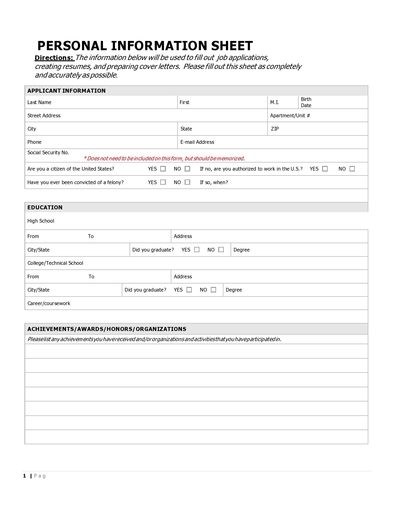 Personal Information Form For Students