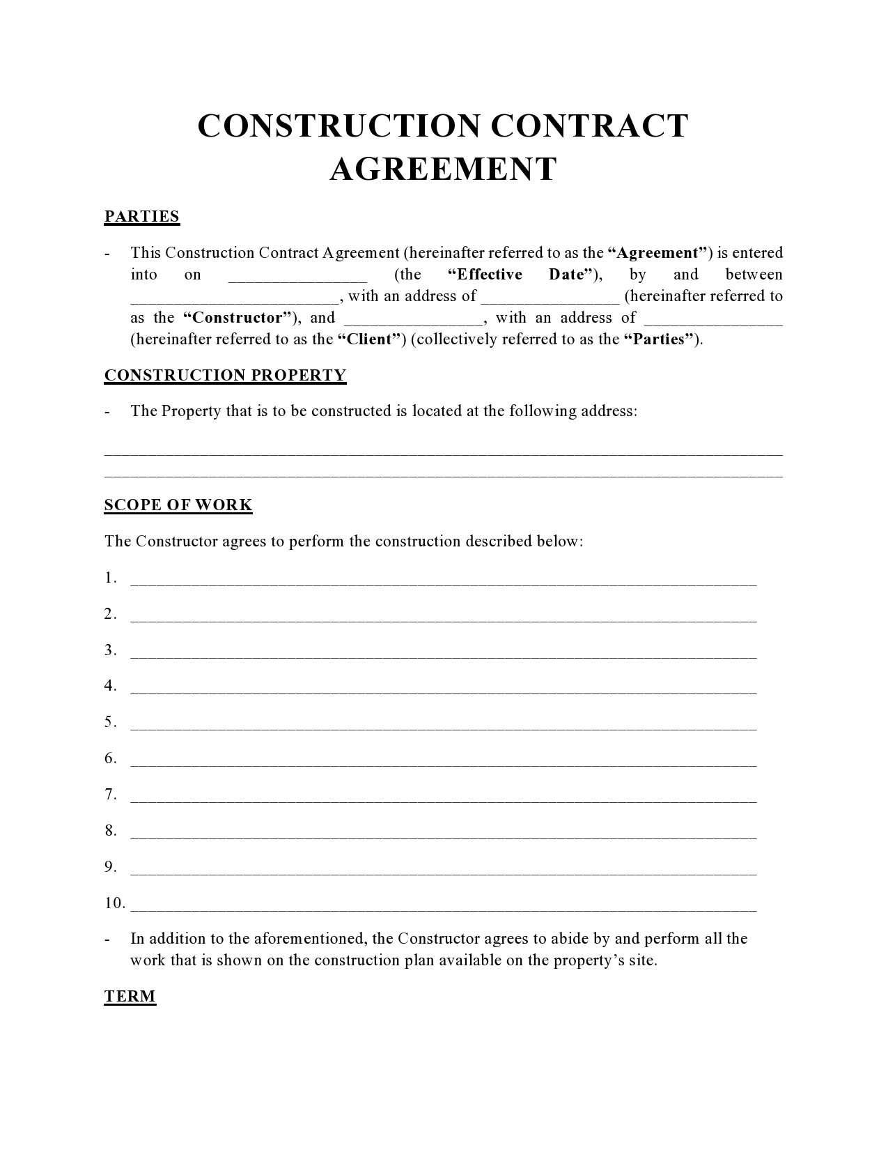 Free Construction Contract Template Word