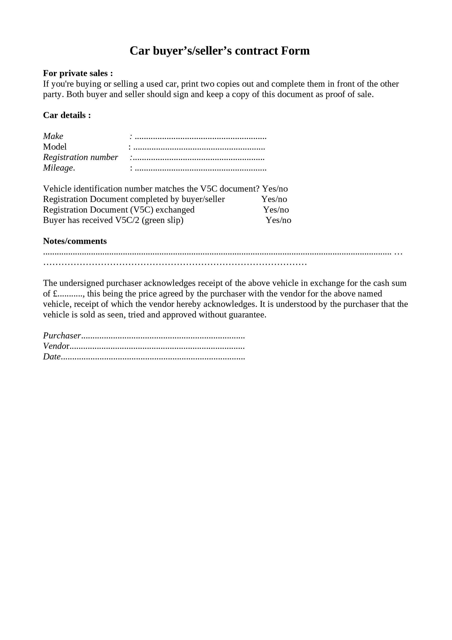 42 Printable Vehicle Purchase Agreement Templates Word PDF 