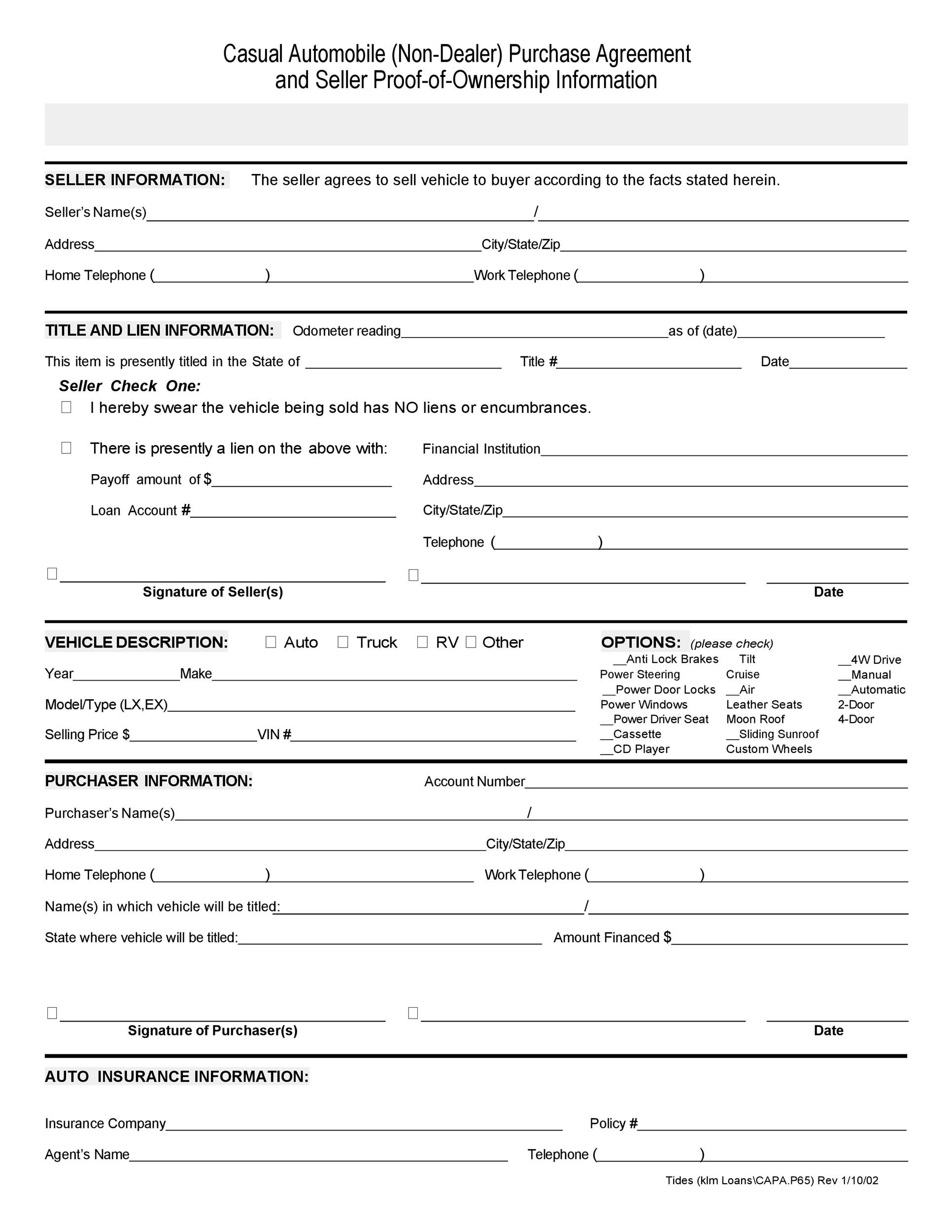 42 Printable Vehicle Purchase Agreement Templates Word PDF 