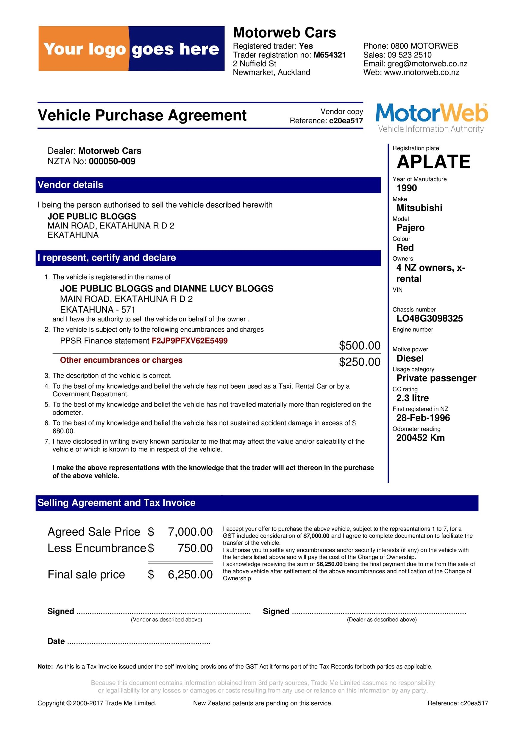 42 Printable Vehicle Purchase Agreement Templates Word PDF 