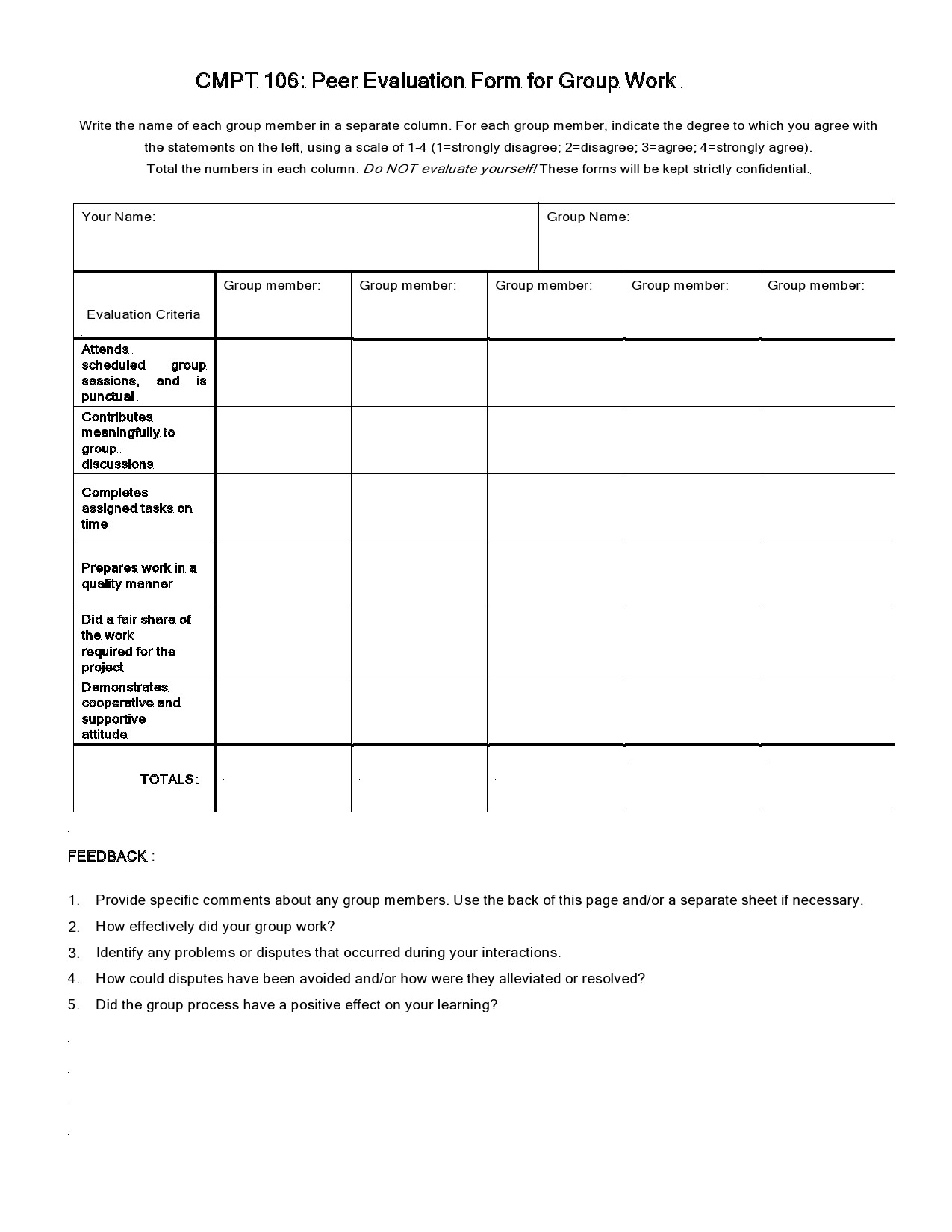 Peer Evaluation Form For Group Work