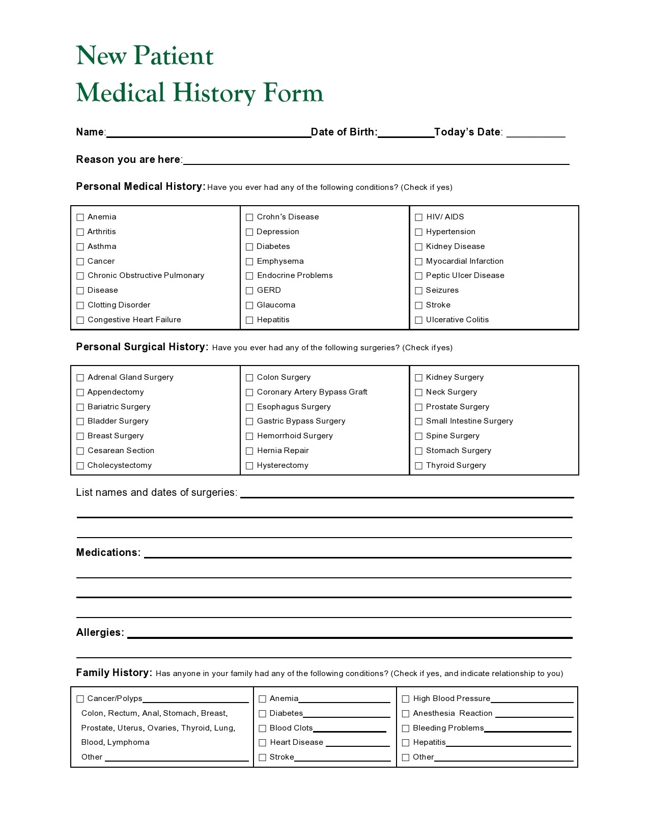 Family Medical History Template Free