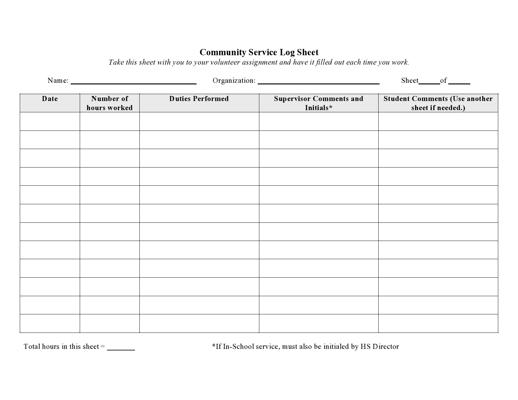 Community Service Sheet Filled Out