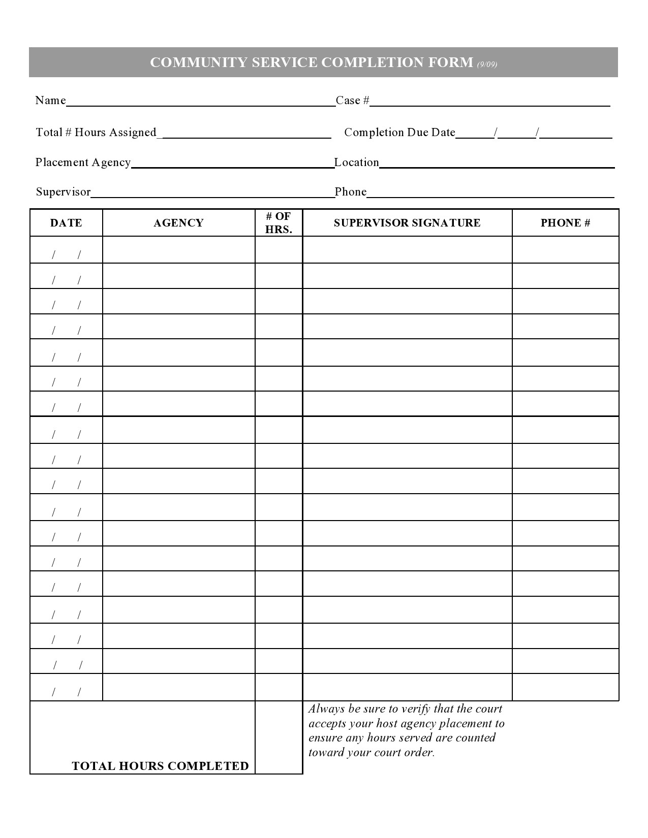Community Service Sheet For Court