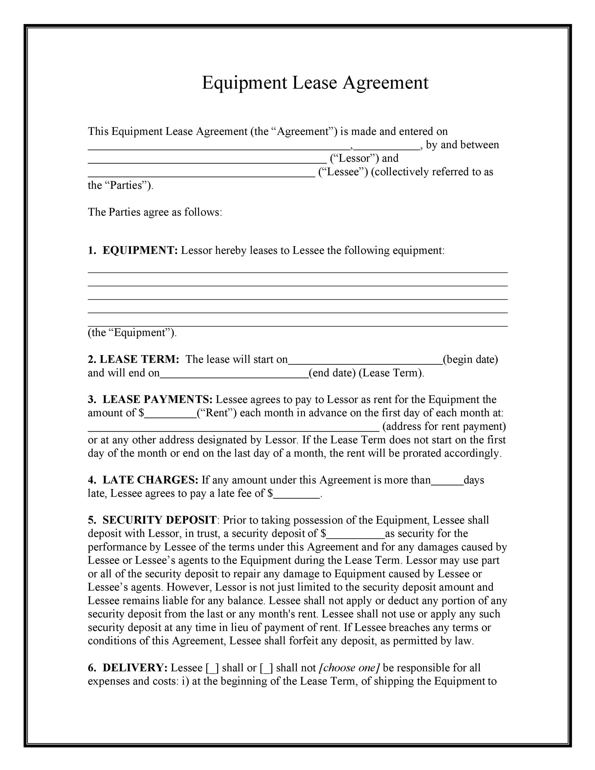 Equipment Lease To Own Agreement Template Word