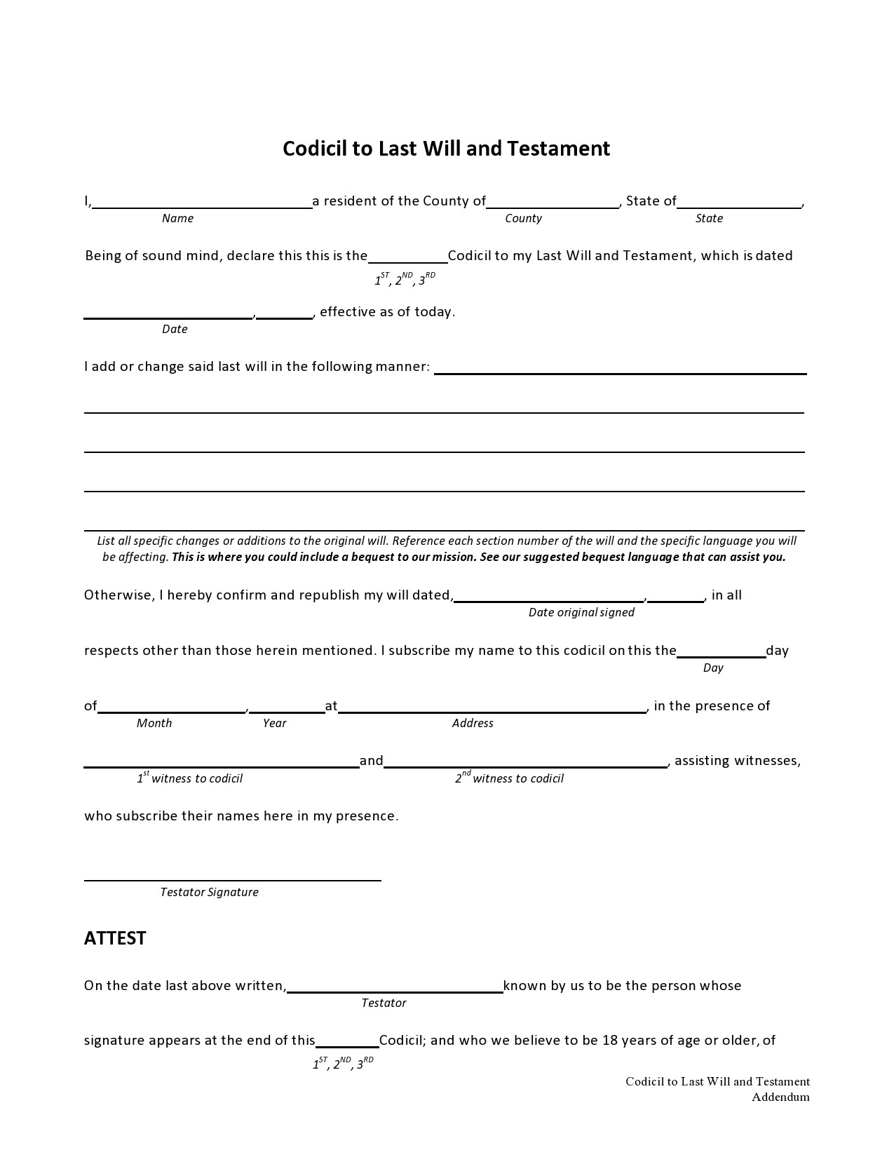 Free Codicil To Will Form