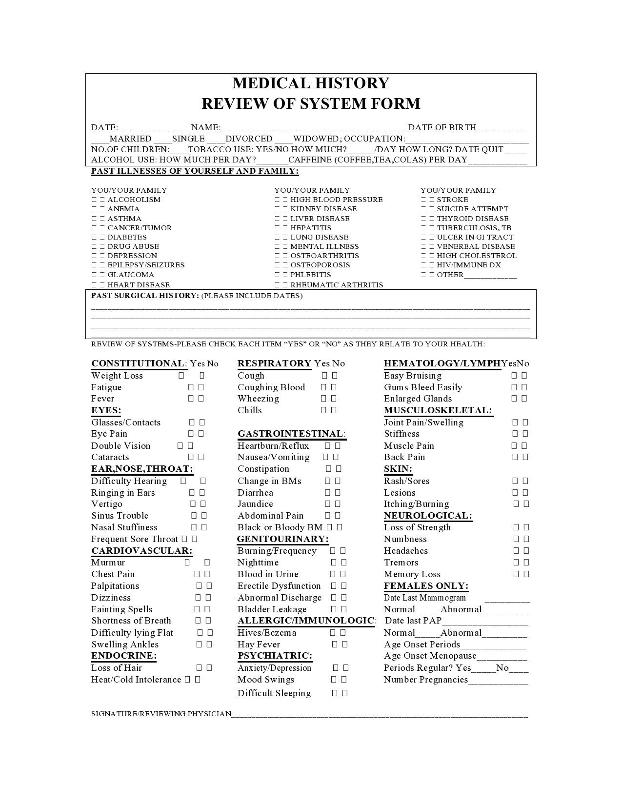 Review Of Systems Template Word Document