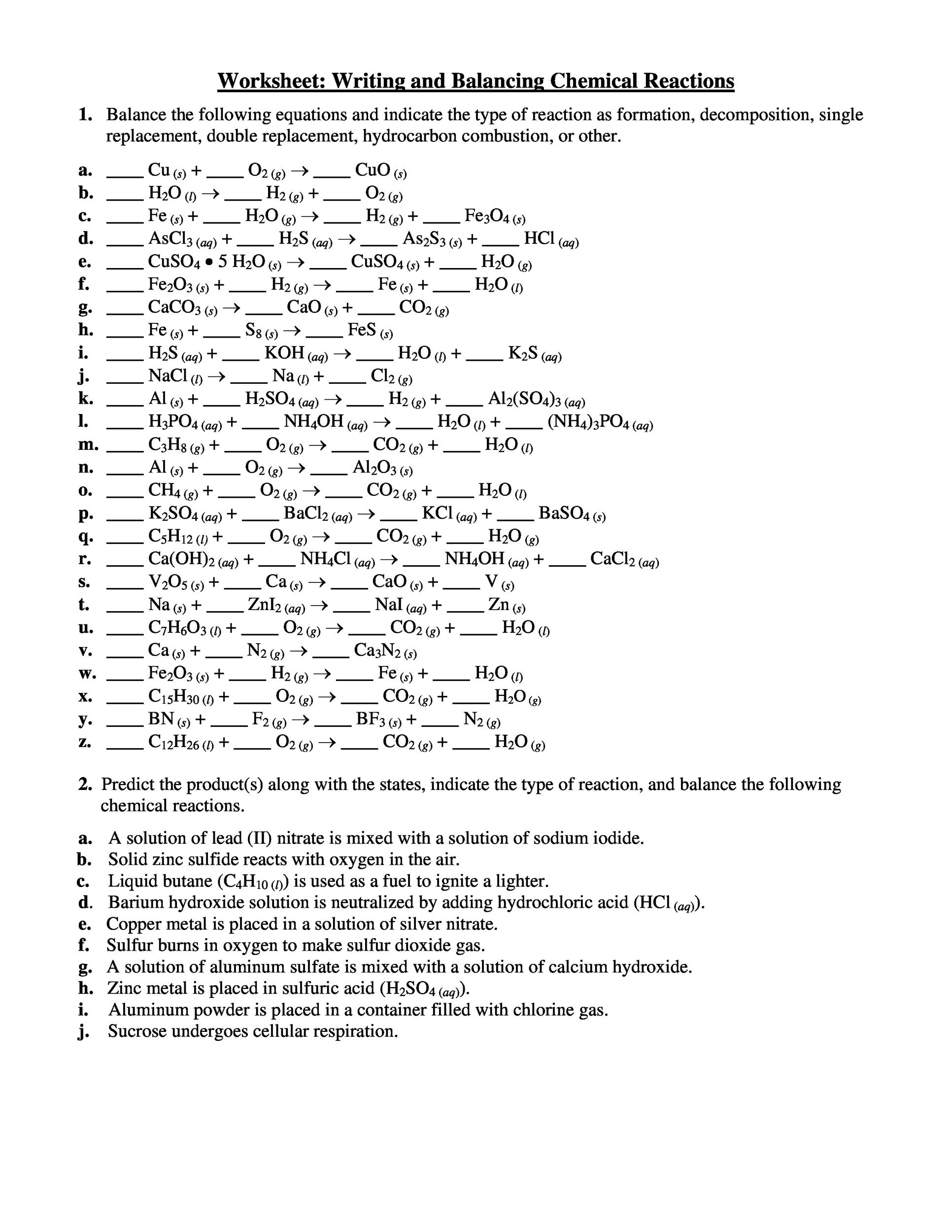 Balancing Chemical Equations Lab Answer Key