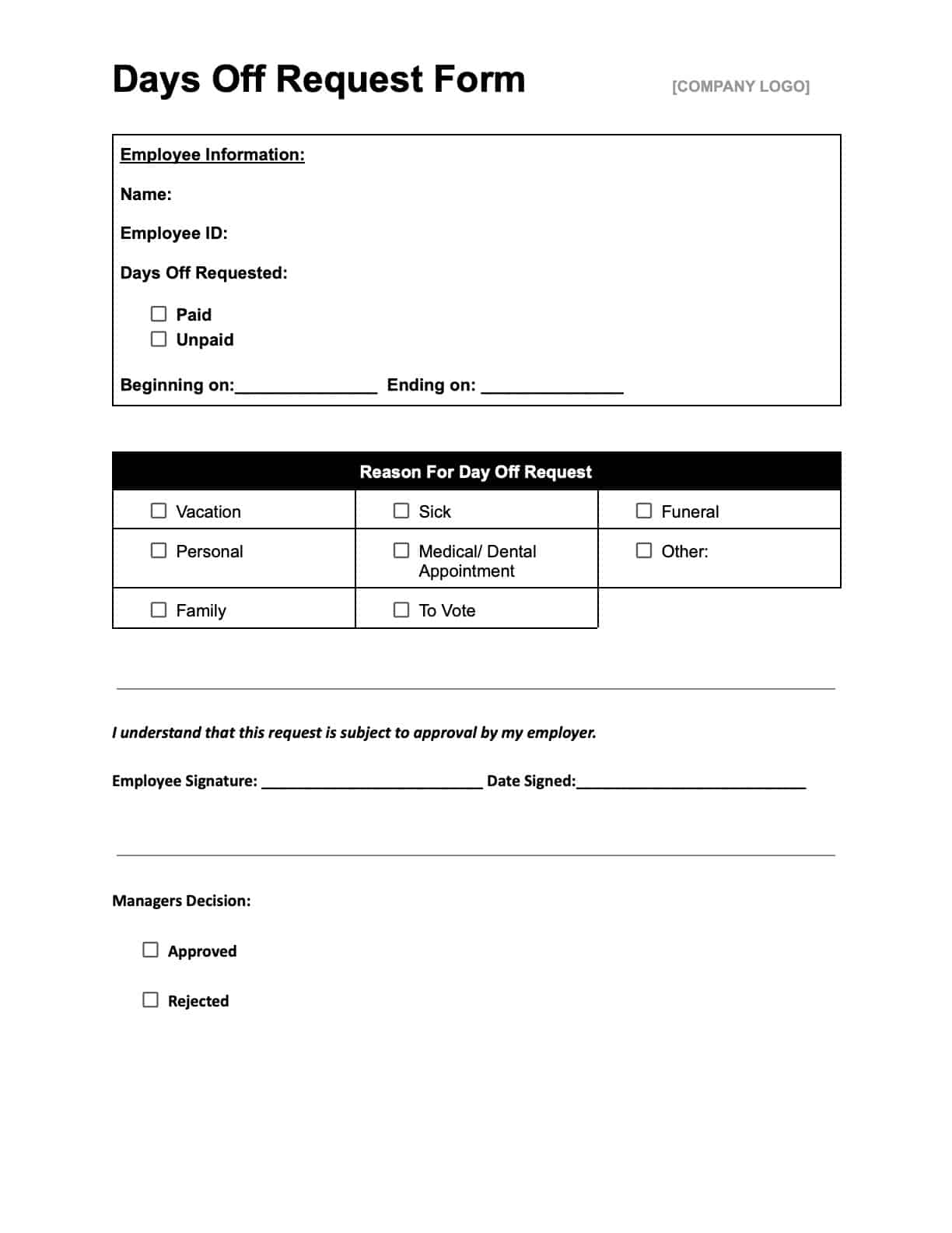 Simple Employee Time Off Request Form