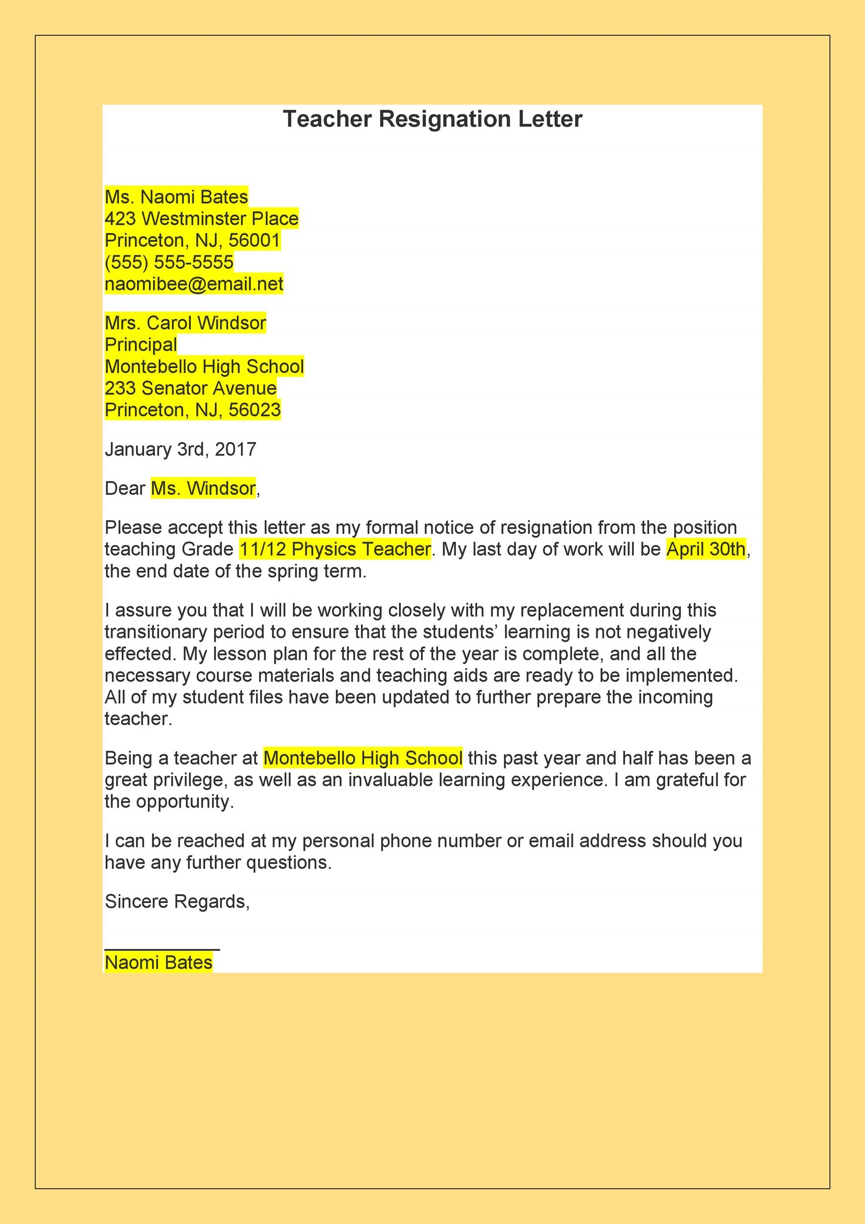 Teacher Resignation Letter To Principal Pdf